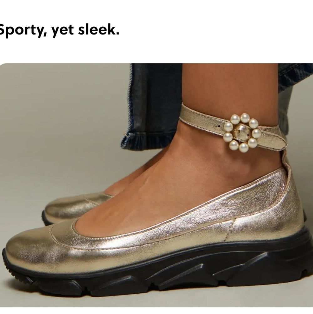 Free People Metallic Gold Pearl-Ankle Strap Platform Flats